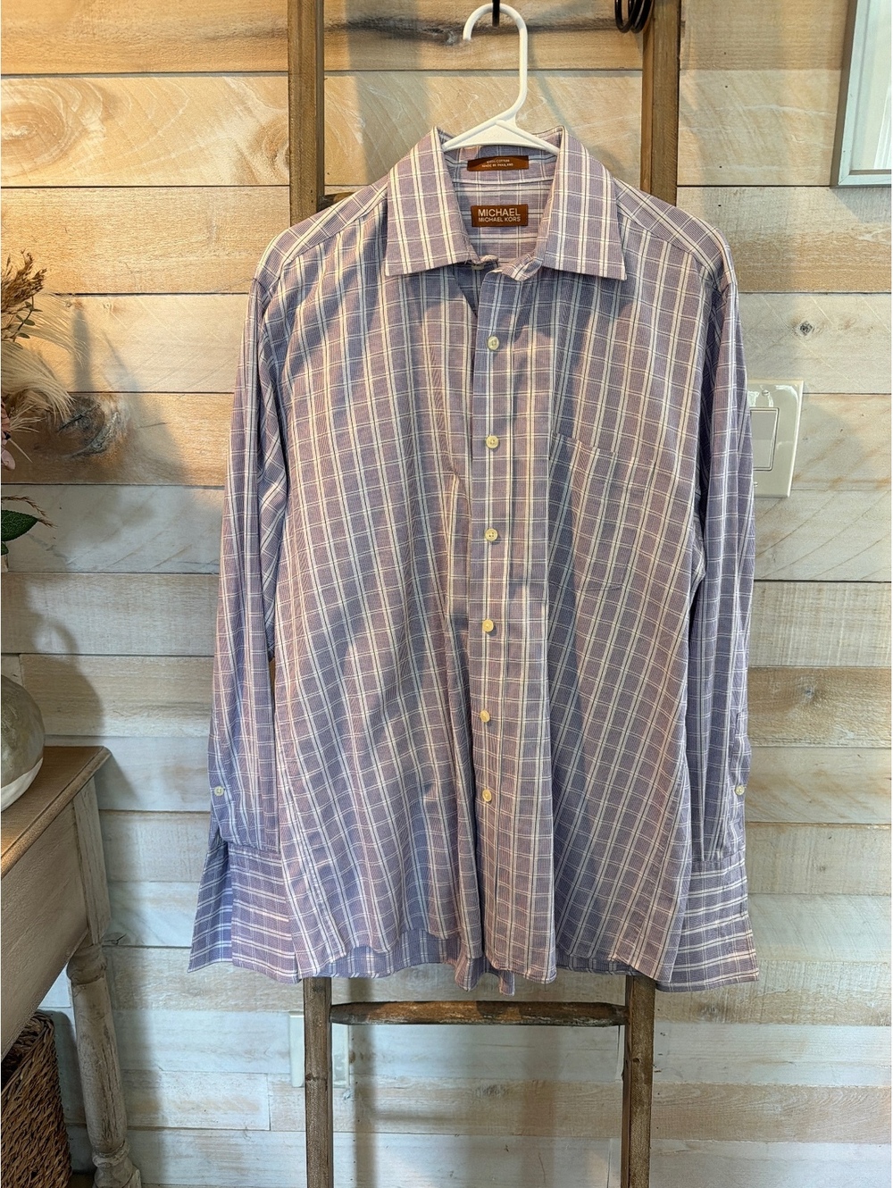Michael Michael Kors Men's Long Sleeve Button-Up Cotton Shirt, Purple Plaid, XL